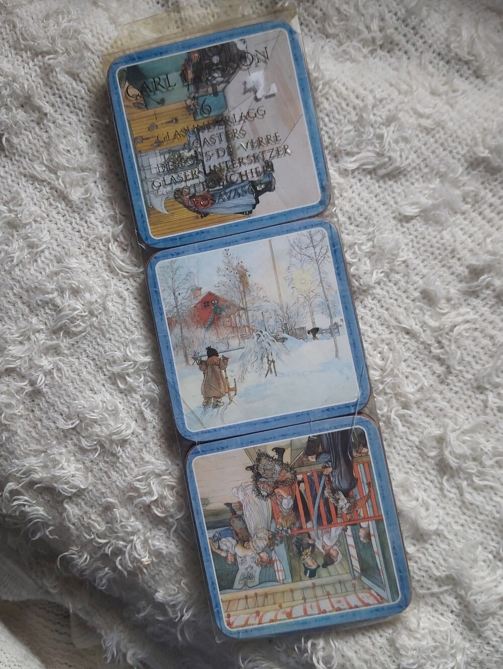 Vintage Illustrated Square Coasters Set - Blue Trim